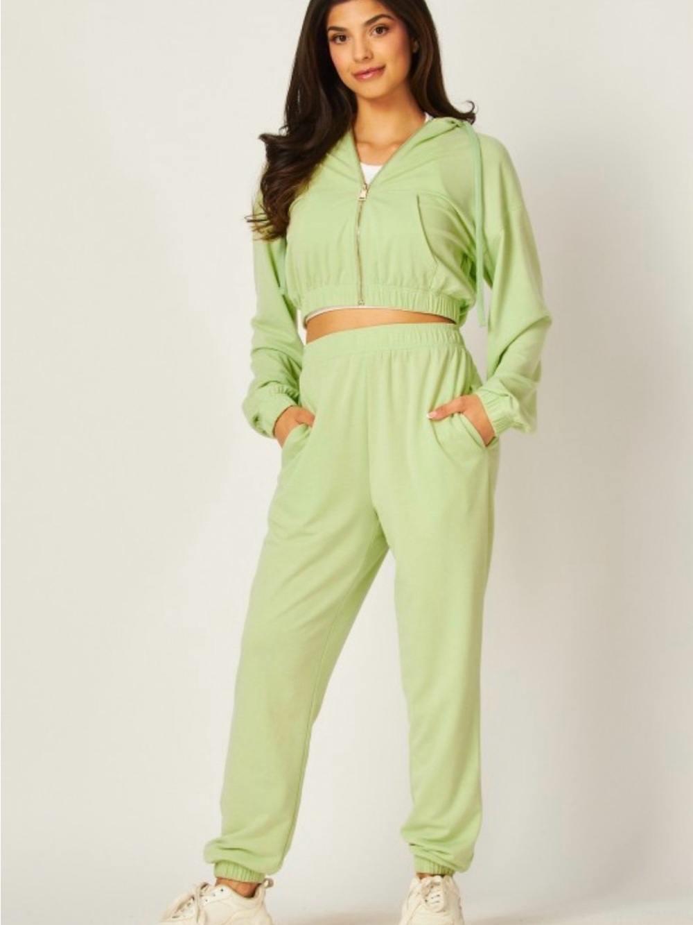 Cropped Zip Hoodie & Jogger Set - Light Green